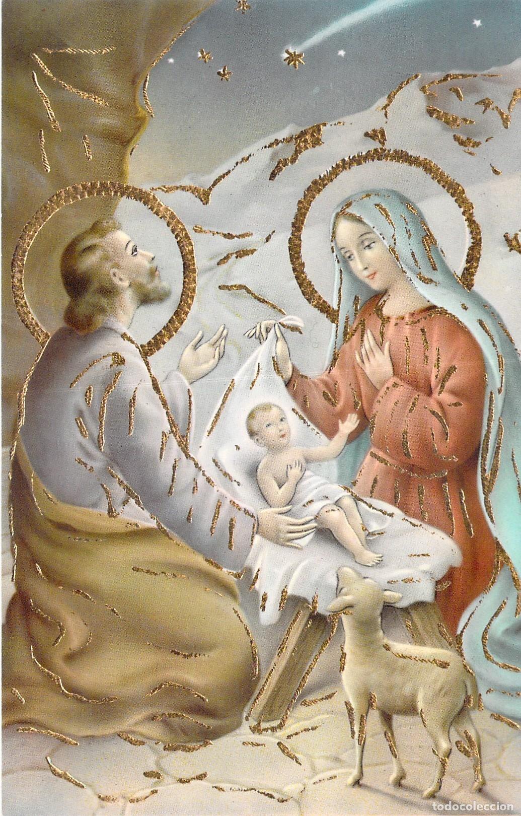 Postales: Postal de Navidad Sagrada Familia con Purpurina