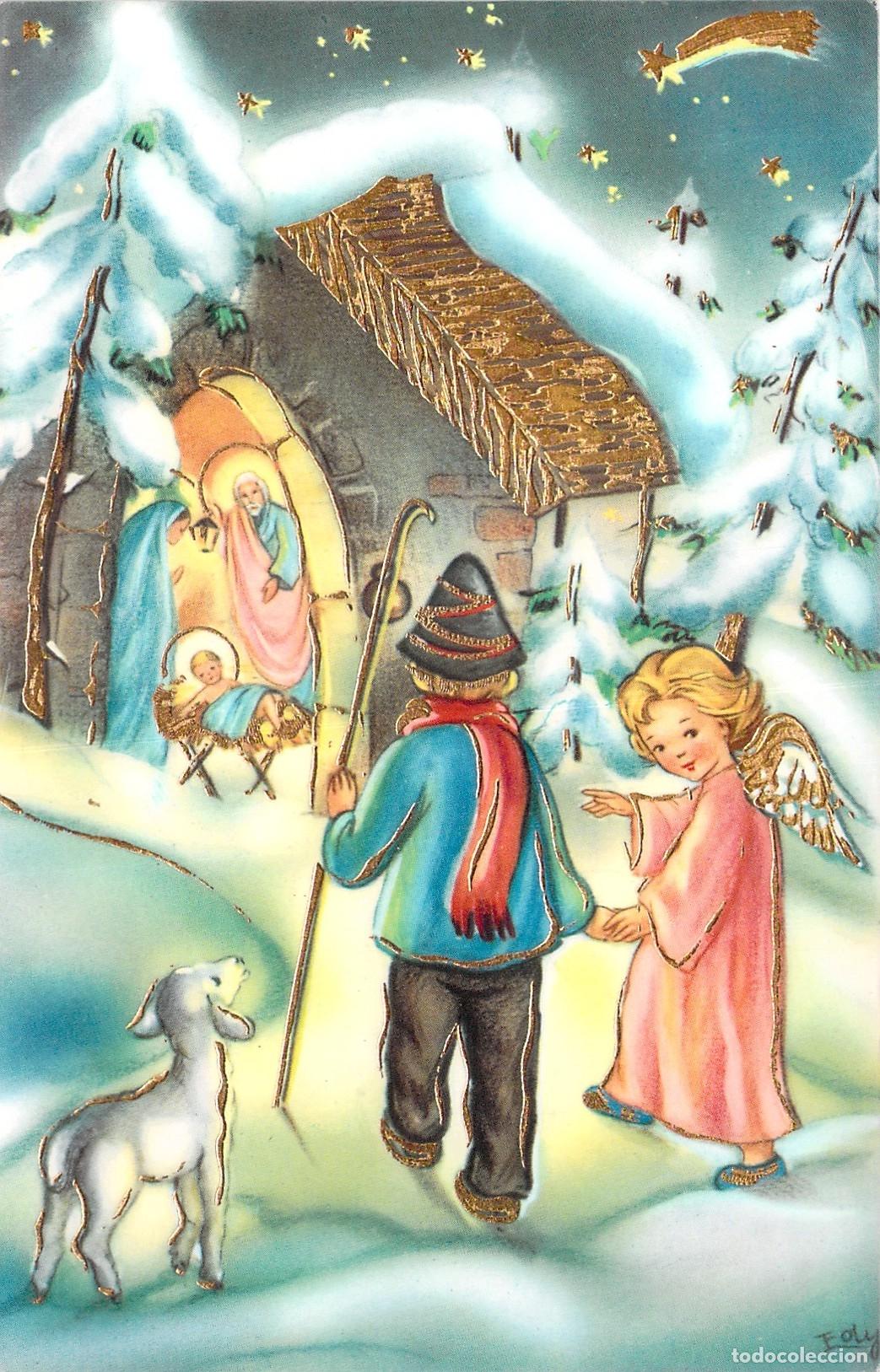Postales: Postal de Navidad Ilustraci&oacute;n del Portal de Bel&eacute;n con &Aacute;ngel y Pastor
