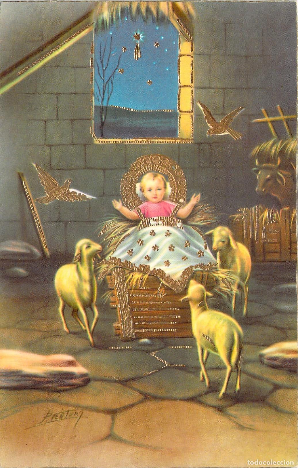 Postales: Postal de Navidad Ilustraci&oacute;n del Ni&ntilde;o Jes&uacute;s en el Pesebre por F. Venturi