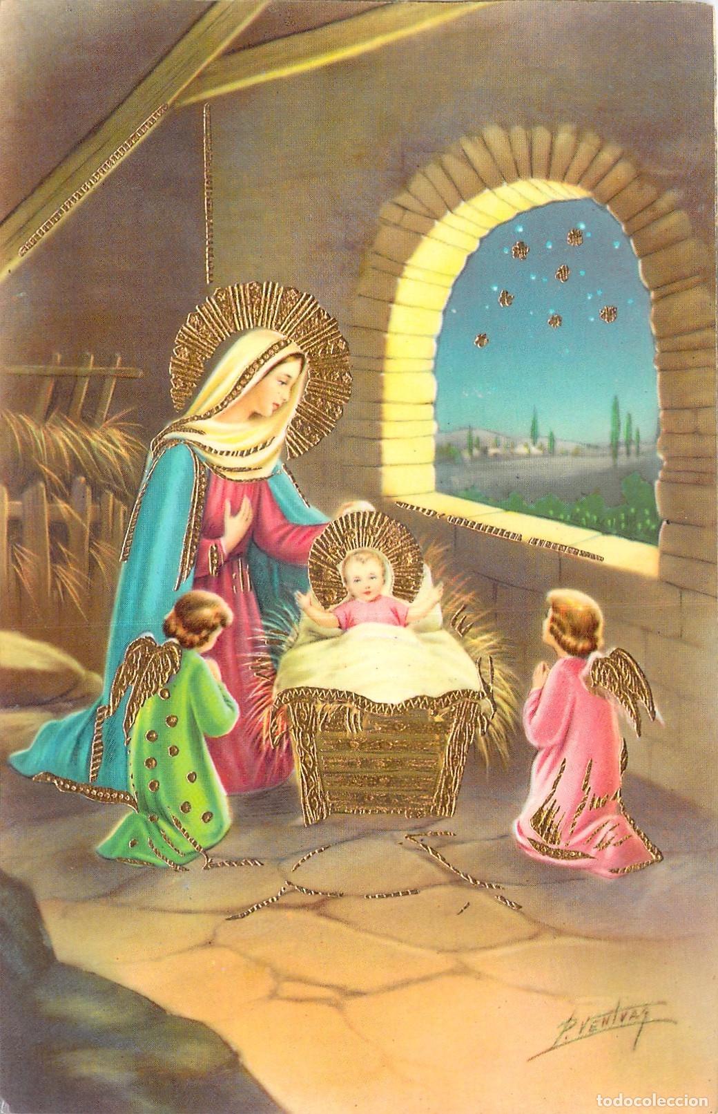 Cartoline: Postal Navide&ntilde;a de la Virgen Mar&iacute;a con el Ni&ntilde;o Jes&uacute;s y &Aacute;ngeles