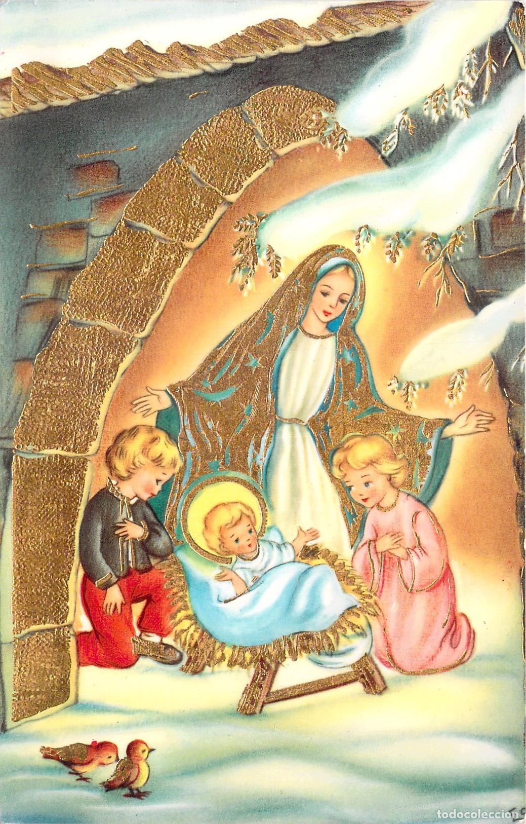 Cartoline: Postal de Navidad Ilustraci&oacute;n Nacimiento de Jes&uacute;s y Virgen Mar&iacute;a