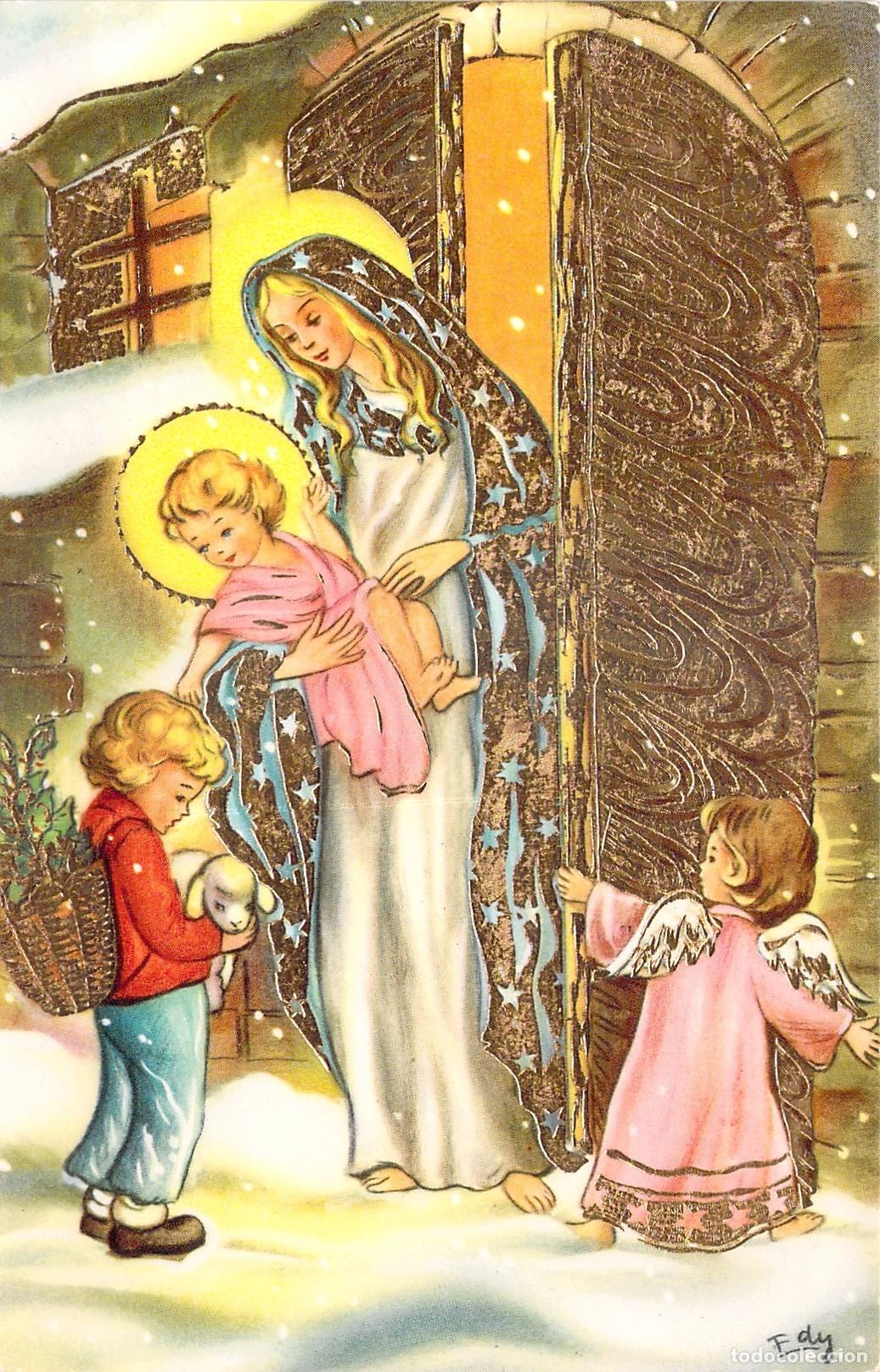 Cartoline: Postal de Navidad con Virgen Mar&iacute;a, Ni&ntilde;o Jes&uacute;s y &Aacute;ngel