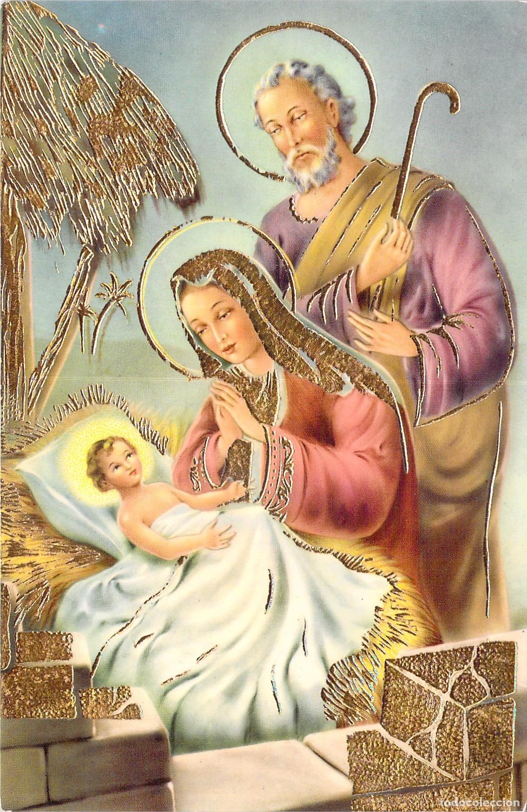 Cartoline: Postal de Navidad Sagrada Familia Nacimiento con Detalles Dorados