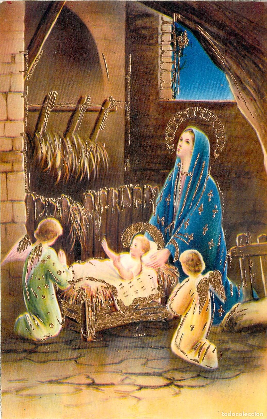 Cartoline: Postal Navide&ntilde;a de la Virgen Mar&iacute;a con el Ni&ntilde;o Jes&uacute;s y &Aacute;ngeles