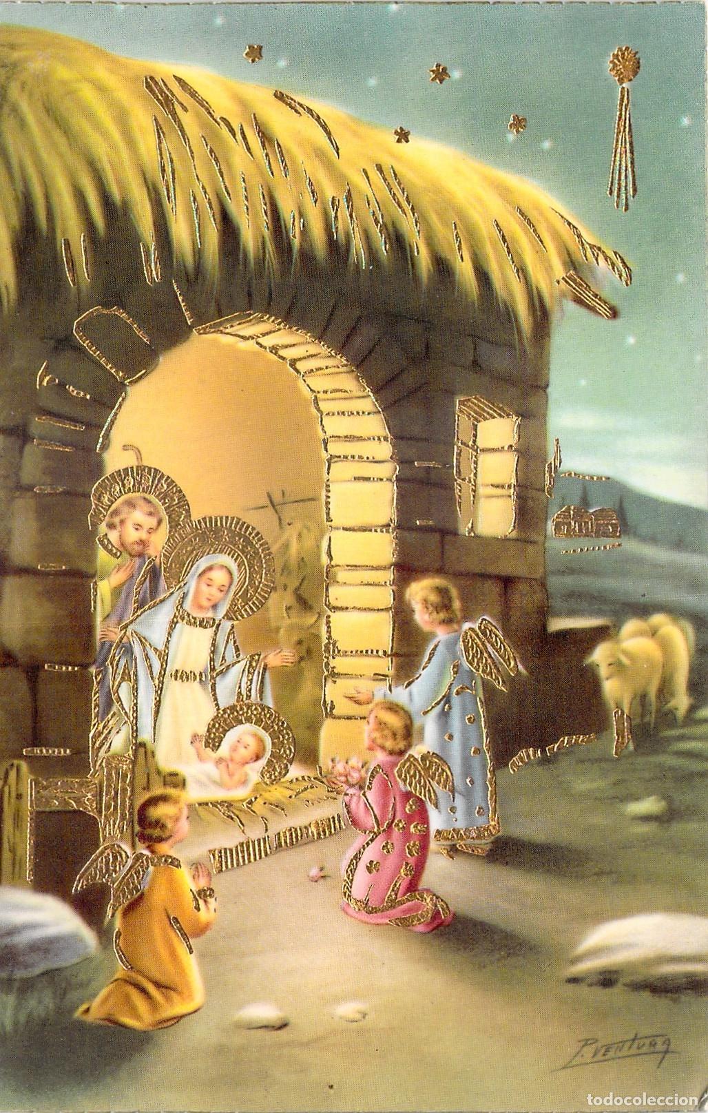 Postales: Postal de Navidad con Nacimiento y &Aacute;ngeles de P. Ventura