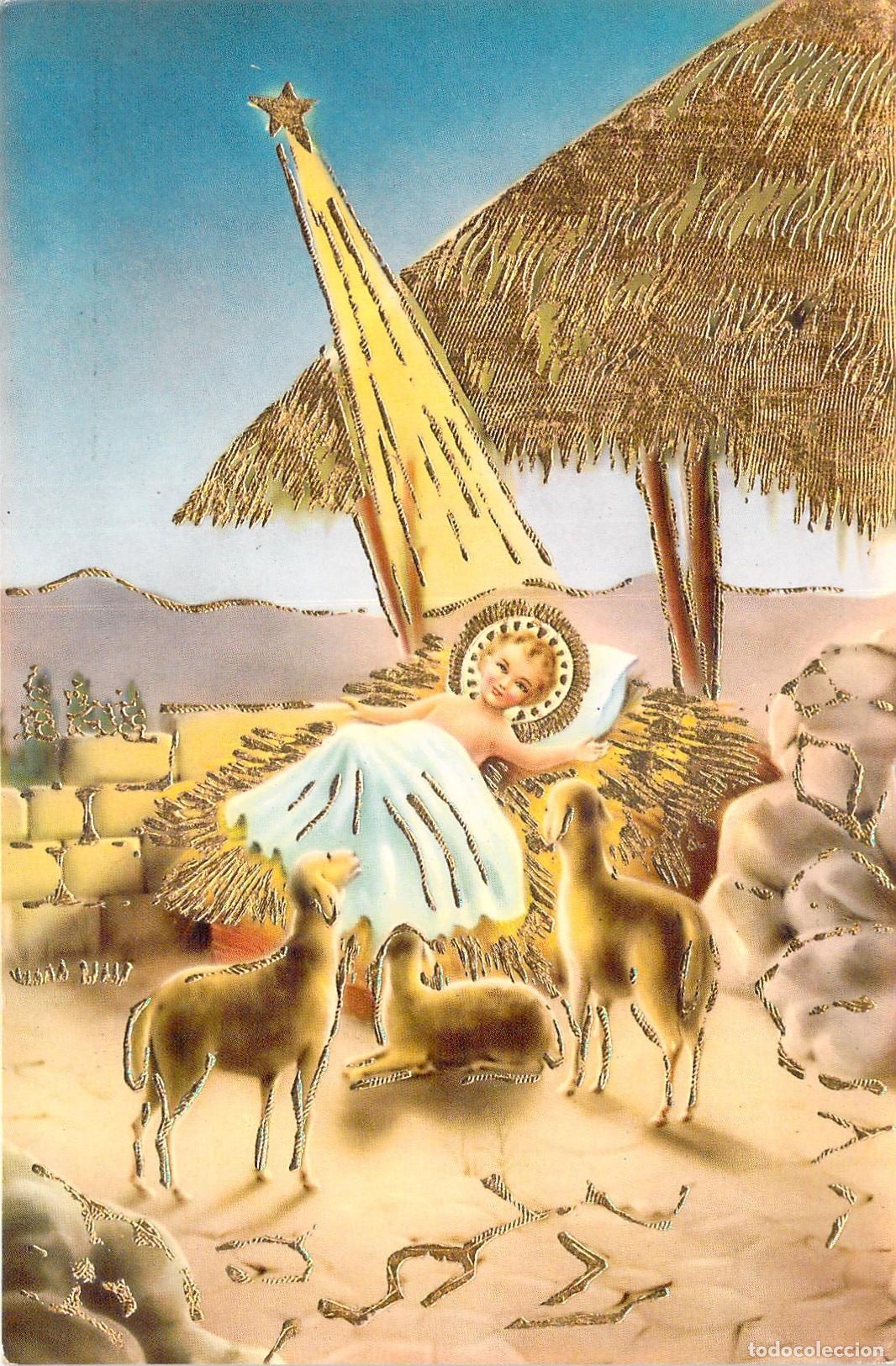 Postales: Postal de Navidad con el Ni&ntilde;o Jes&uacute;s en el Pesebre y Ovejas