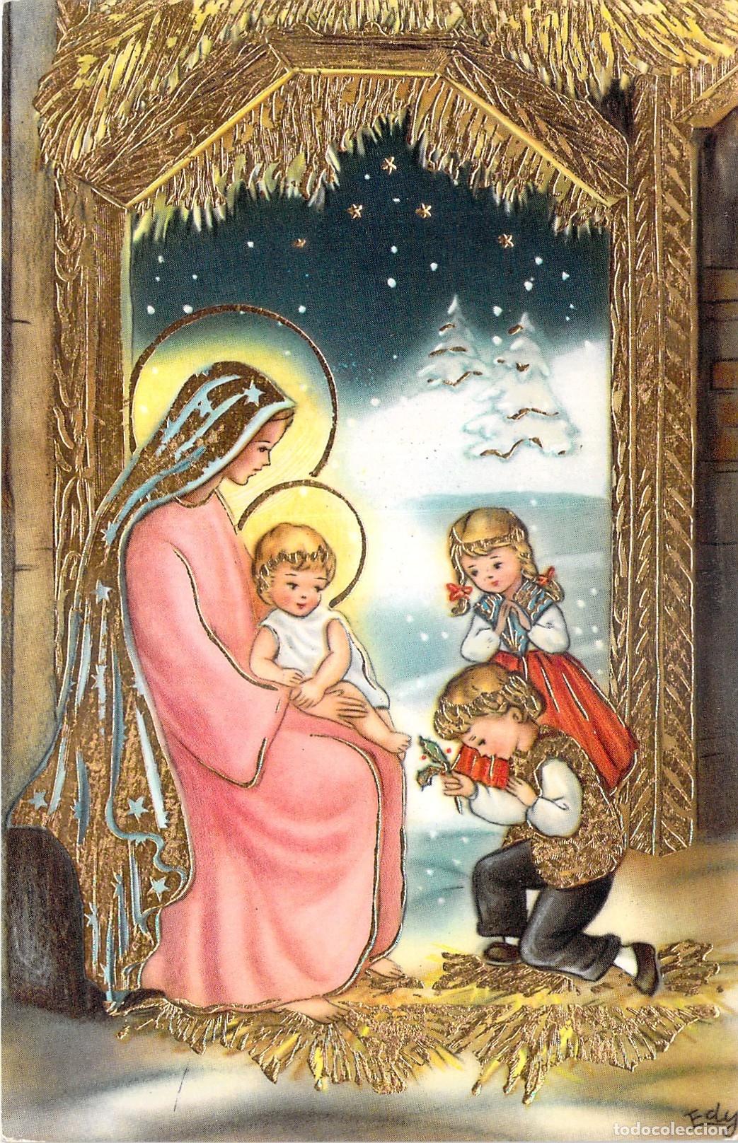 Postales: Postal de Navidad de la Virgen Mar&iacute;a y el Ni&ntilde;o Jes&uacute;s Ilustraci&oacute;n Edy