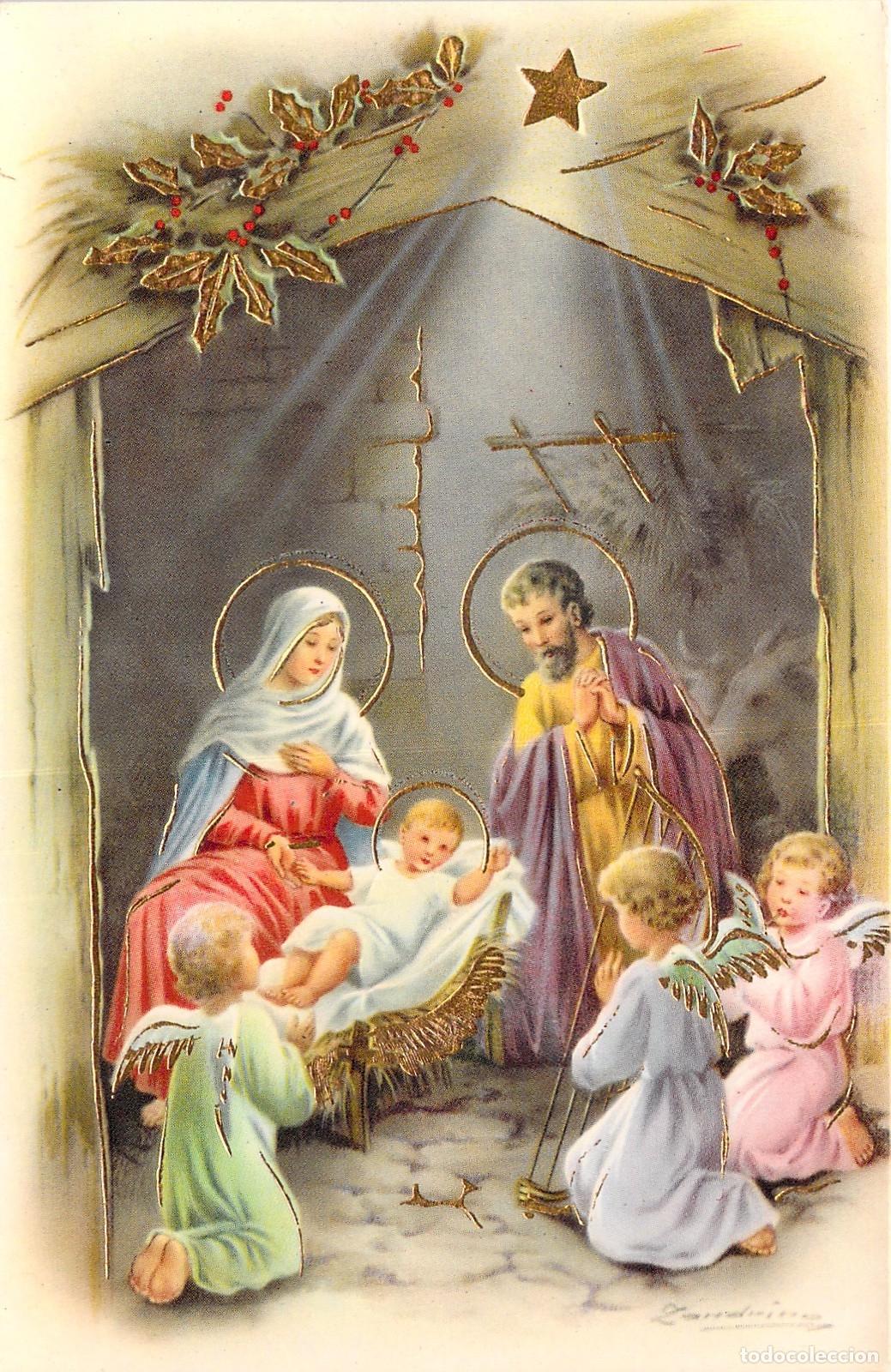 Postales: Postal de Navidad del Nacimiento y Sagrada Familia con &Aacute;ngeles