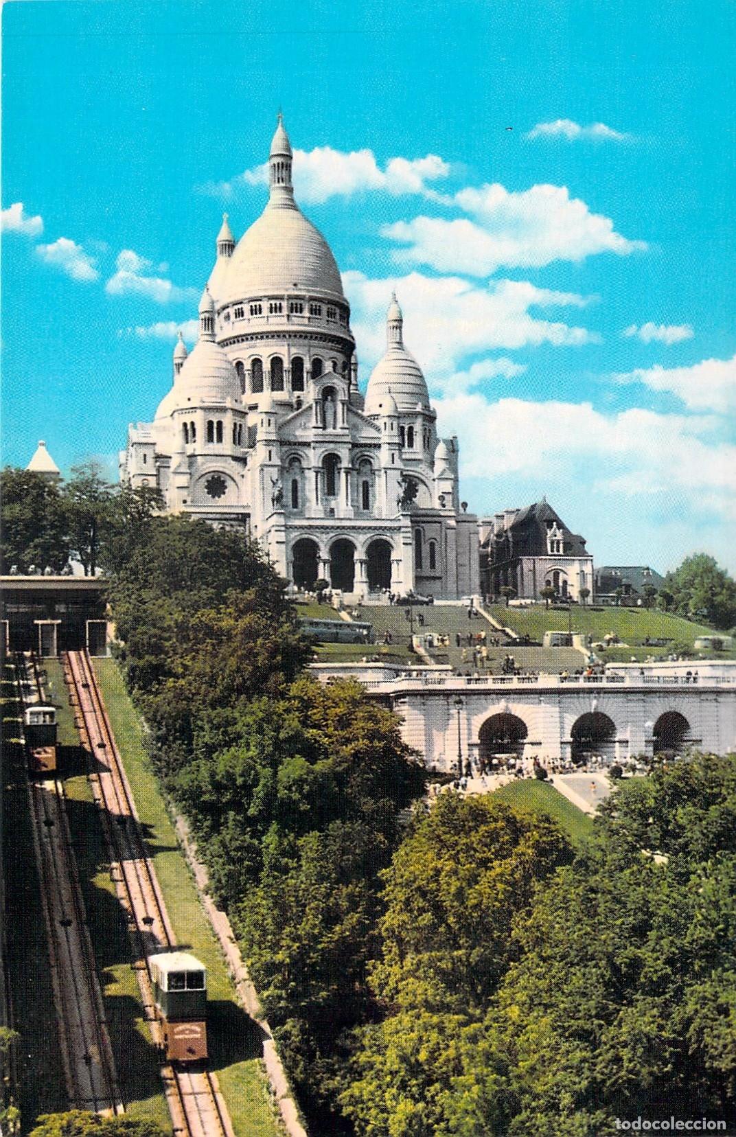 Postales: Postal Par&iacute;s Bas&iacute;lica del Sagrado Coraz&oacute;n y Funicular de Montmartre