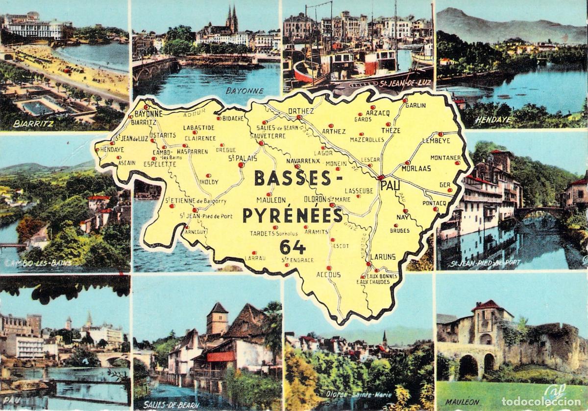 Postales: Postal Tur&iacute;stica con Mapa y Vistas de Basses-Pyr&eacute;n&eacute;es, Francia