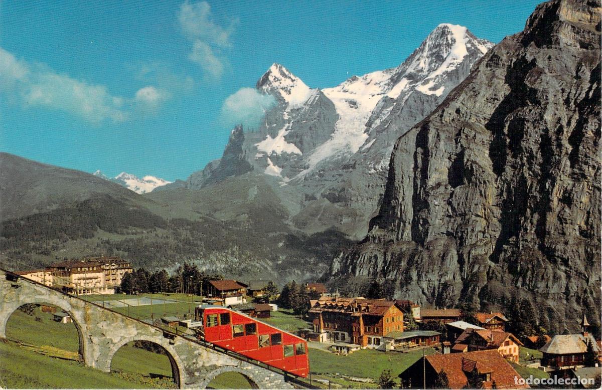 Postales: Postal de M&uuml;rren con Funicular Allmendhubel y Alpes Suizos