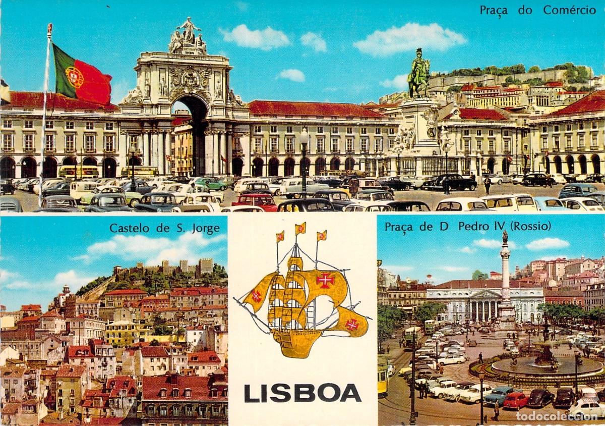 Postais: Postal Tur&iacute;stica de Lisboa con Pra&ccedil;a do Com&eacute;rcio y Castillo de San Jorge