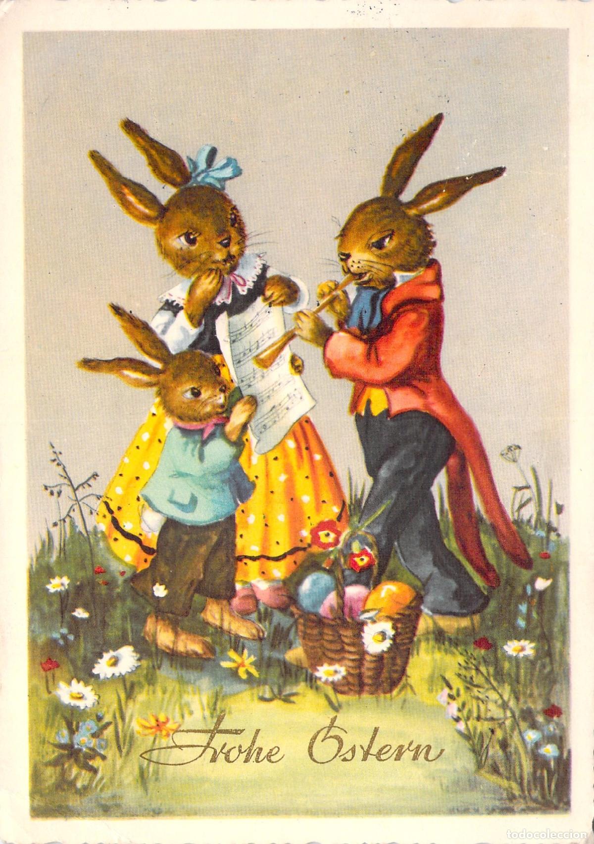 Postales: Postal de Pascua con Conejos M&uacute;sicos y Cesta de Huevos