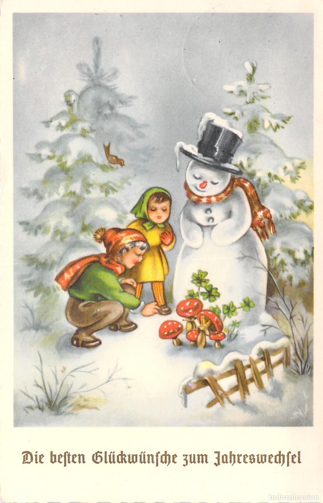 Postales: Postal Alemana de A&ntilde;o Nuevo con Mu&ntilde;eco de Nieve y Ni&ntilde;os