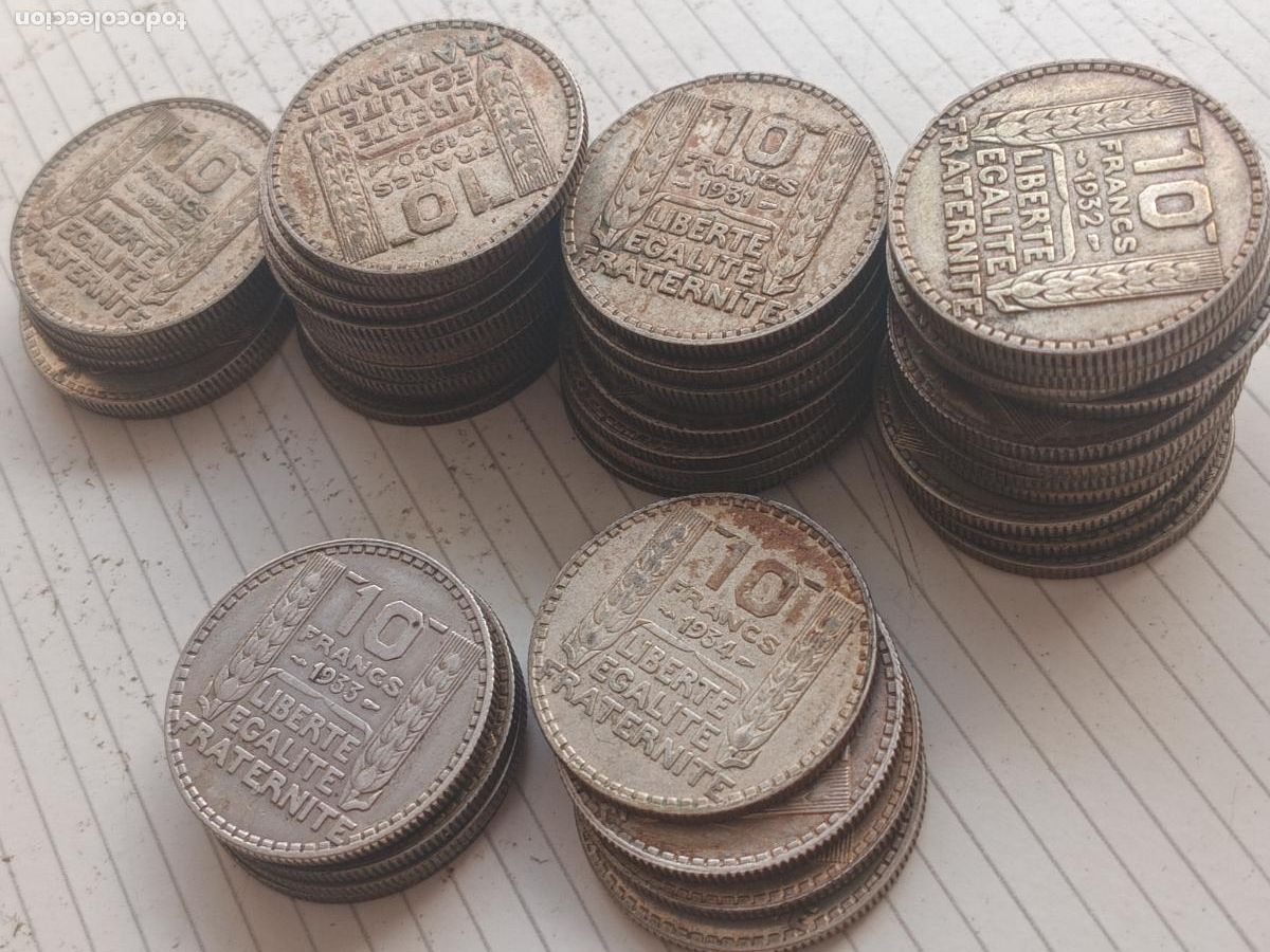 Postales: Francia. 45 monedas de 10 francos de plata 1929-1934