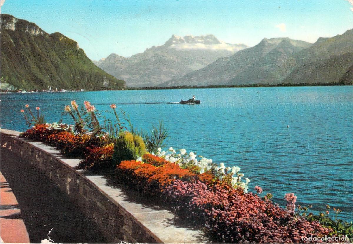 Postales: Postal de Montreux, Lago Lem&aacute;n y los Dents du Midi en Suiza