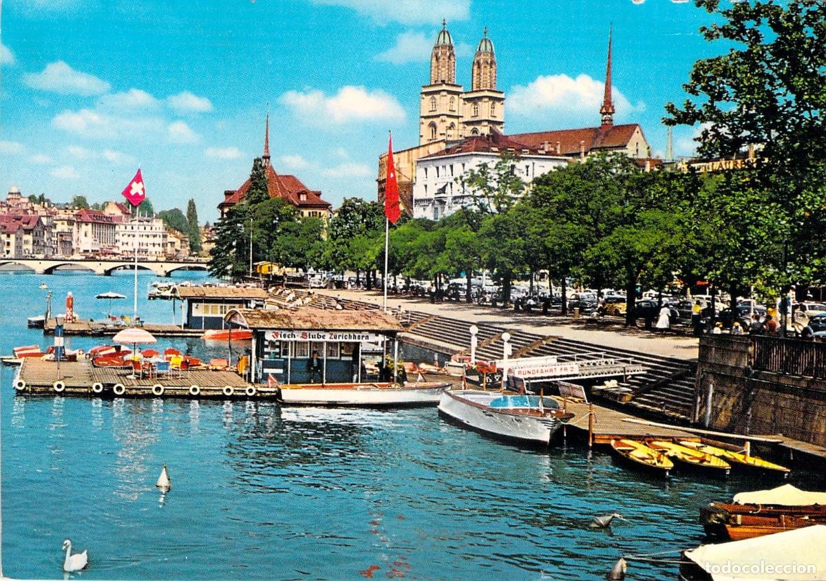 Postales: Postal de Z&uacute;rich R&iacute;o Limmat con Catedral Grossm&uuml;nster