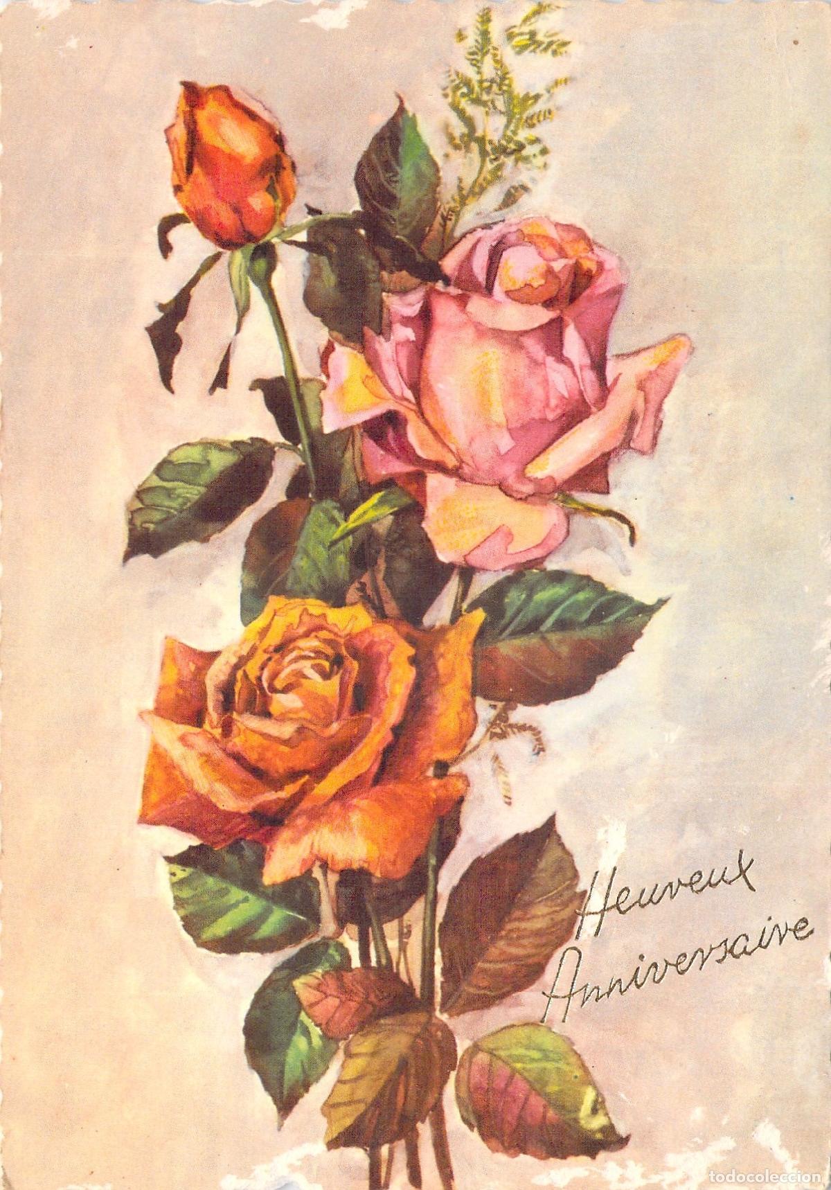 Postales: Postal Francesa de Feliz Cumplea&ntilde;os con Rosas Ilustradas