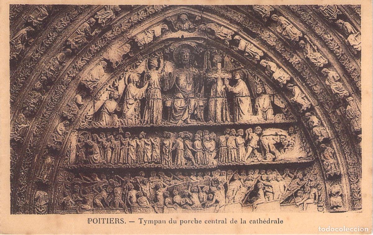 Postales: Postal del T&iacute;mpano del P&oacute;rtico Central de la Catedral de Poitiers