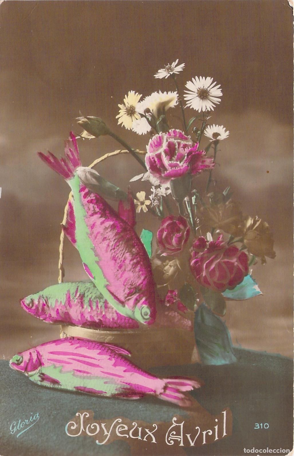 Postales: Postal Francesa Joyeux Avril con Peces de Colores y Flores