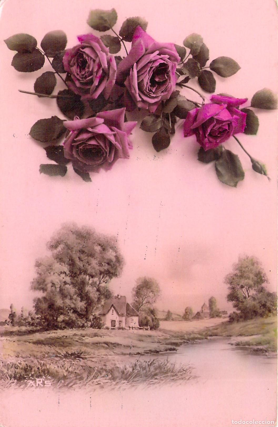 Postales: Postal Art&iacute;stica de Rosas Violetas y Paisaje con Caba&ntilde;a