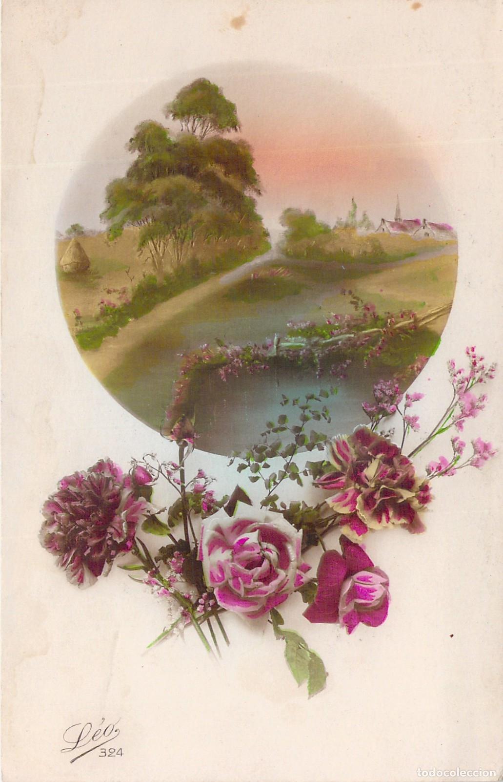 Postales: Postal Ilustrada con Paisaje Campestre y Claveles