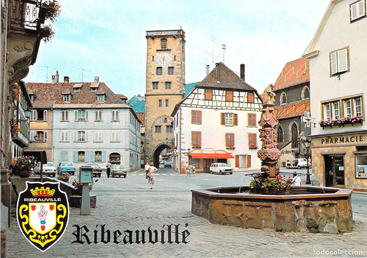 Postales: Postal Ribeauvill&eacute; Alsacia Torre de los Carniceros y Fuente del Vino