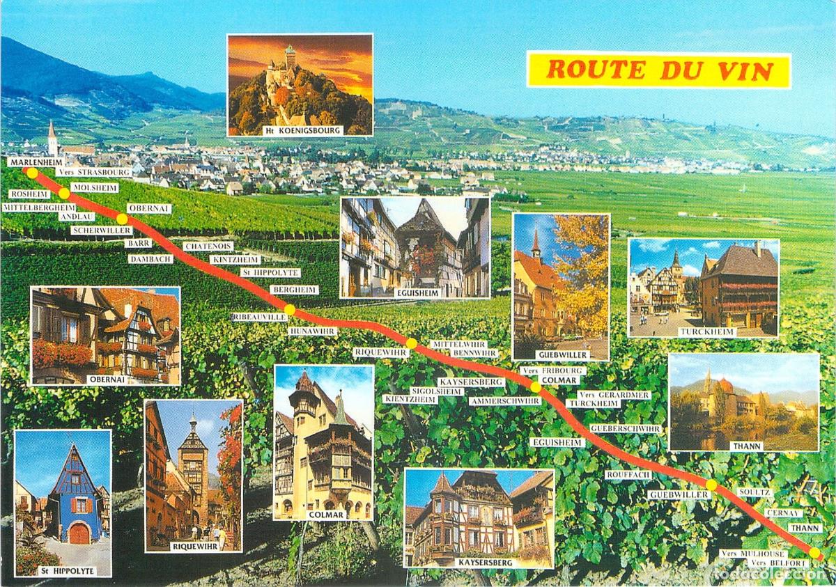 Postales: Postal de la Ruta del Vino de Alsacia con Mapa y Vistas
