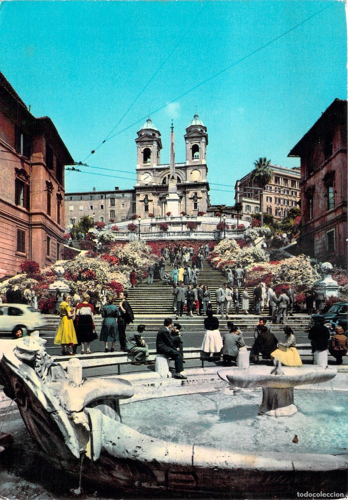 Postales: Postal de Roma con la Trinit&agrave; dei Monti y la Fontana della Barcaccia