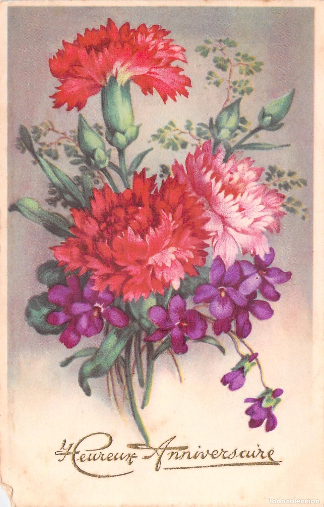 Cartes Postales: Postal Francesa de Feliz Cumplea&ntilde;os con Flores Heureux Anniversaire