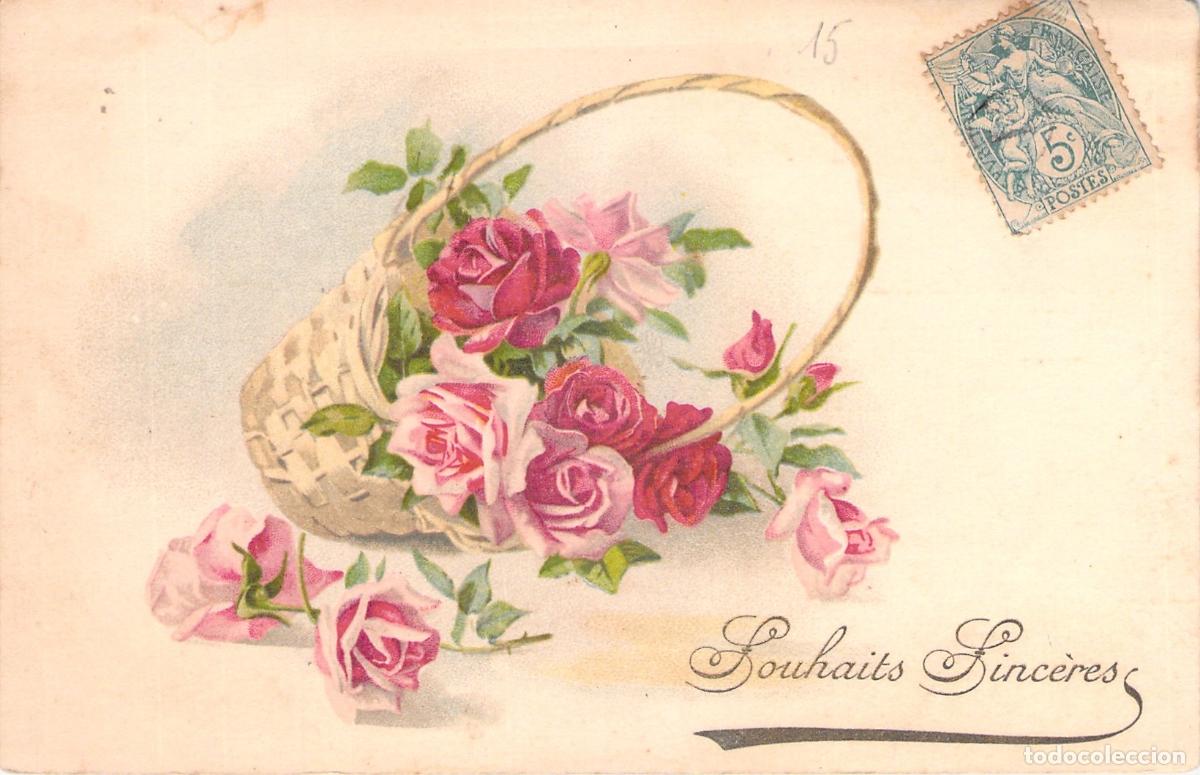 Postkarten: Postal de Felicitaci&oacute;n con Cesta de Rosas Rosadas y Rojas