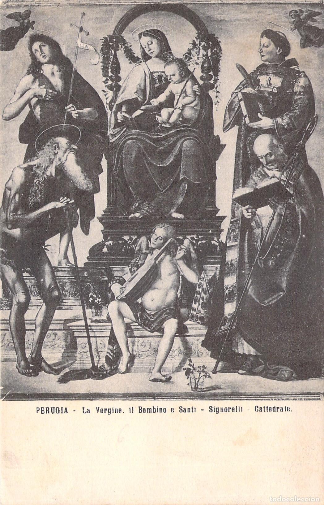 Postkarten: Postal de la Virgen, el Ni&ntilde;o y Santos por Signorelli en Perugia