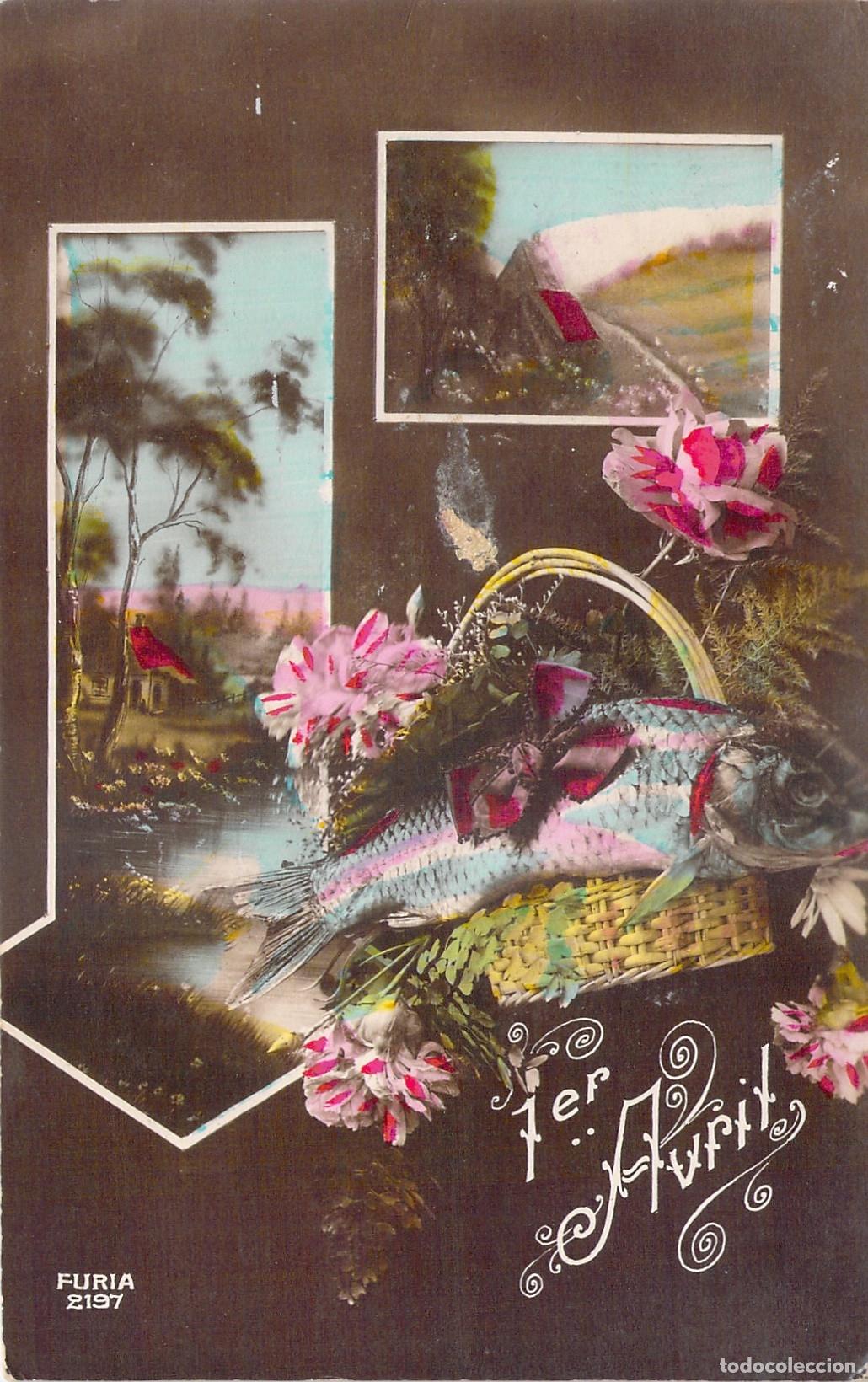 Cartoline: Postal Francesa de Primer de Abril Poisson d'Avril con Flores