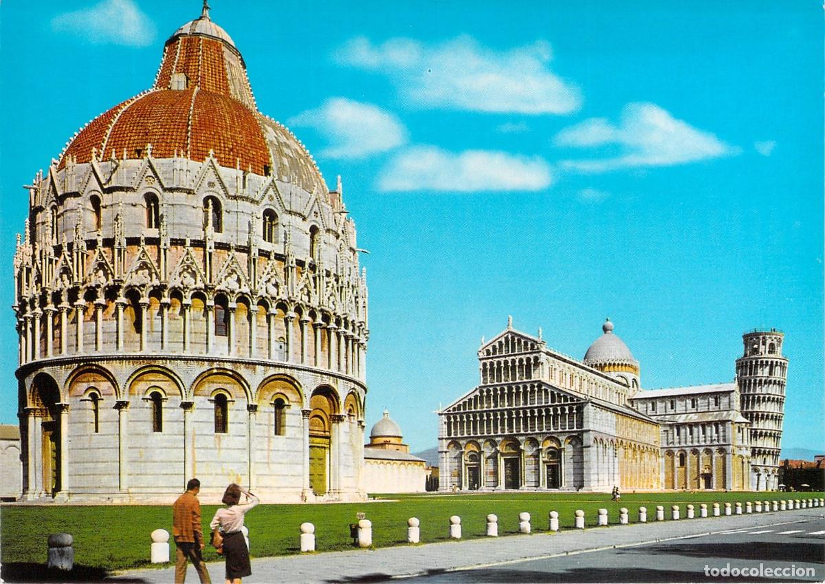 Postales: Postal de la Piazza dei Miracoli con el Bautisterio y la Torre de Pisa