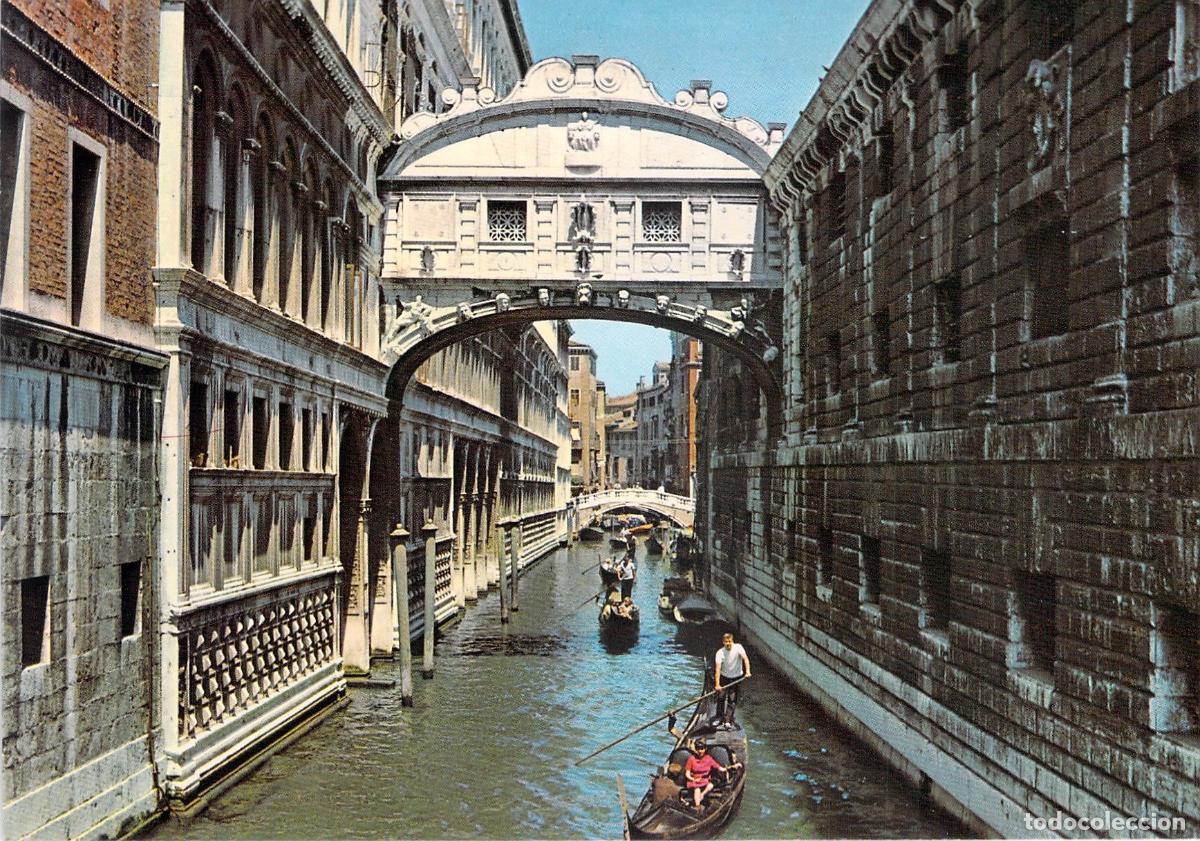 Postales: Postal de Venecia: Puente de los Suspiros y G&oacute;ndolas en el Canal