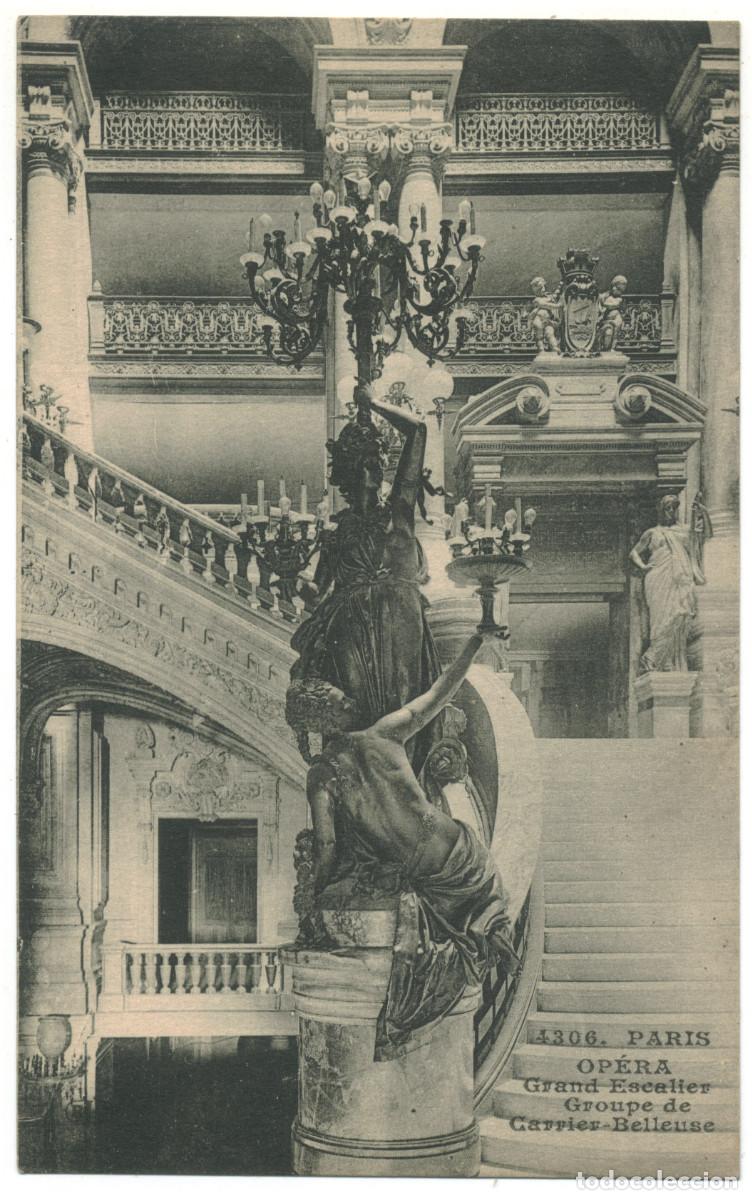 Postales: Op&eacute;ra, Grand Escalier. Groupe de Carrier Belleuse (PARIS)_Deley. 4306 / Teatros Francia