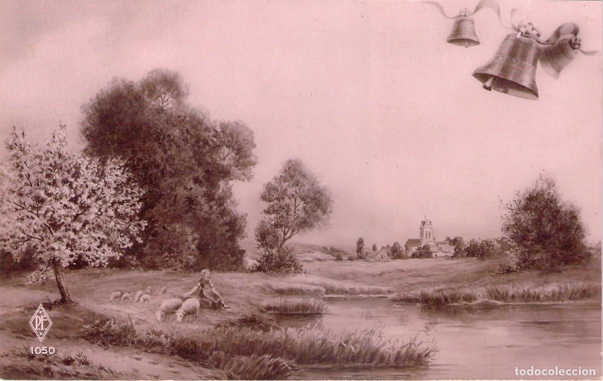 Postales: Postal Francesa de Pascua con Paisaje de Campo y Campanas