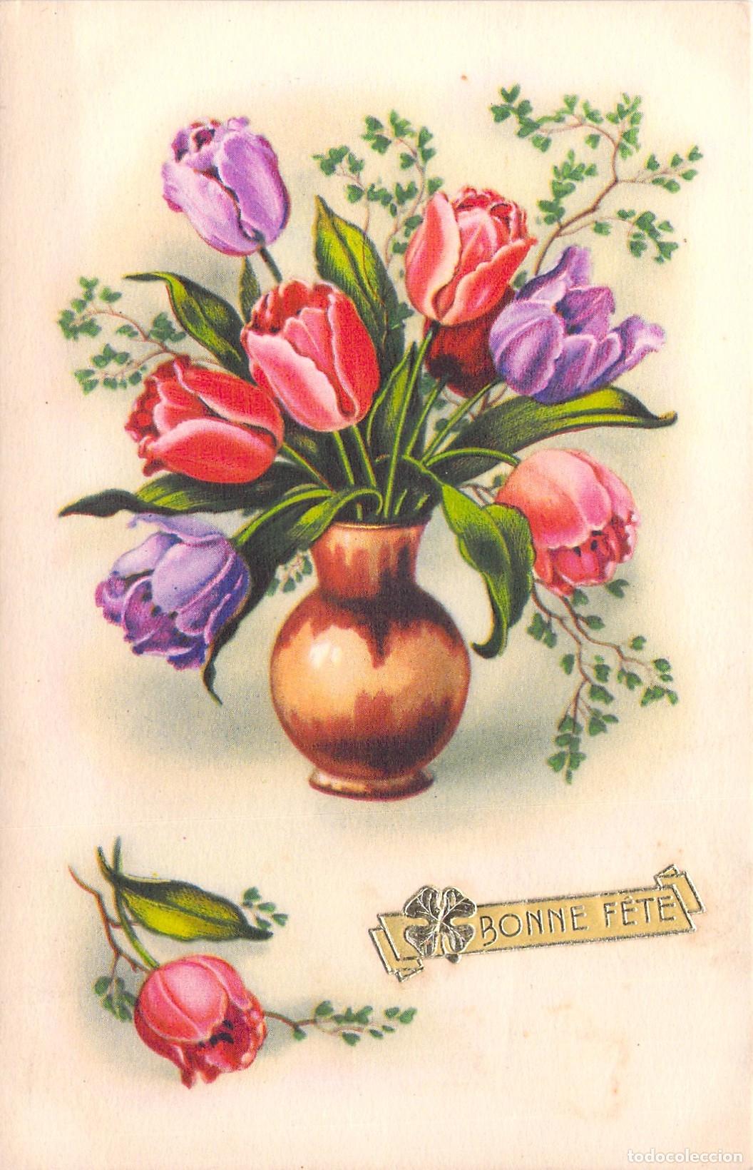 Cartes Postales: Postal de Felicitaci&oacute;n Bonne F&ecirc;te con Ilustraci&oacute;n de Tulipanes