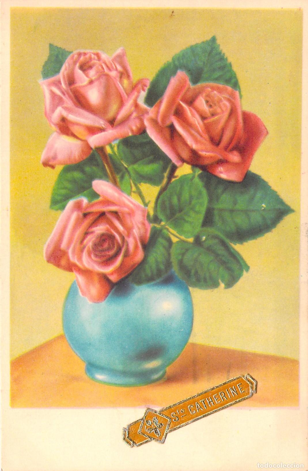 Cartes Postales: Postal de Felicitaci&oacute;n de Santa Catalina con Rosas en Jarr&oacute;n Azul