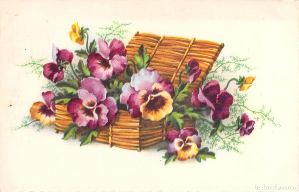 Cartes Postales: Postal Ilustrada con Flores de Pensamientos en Cesta