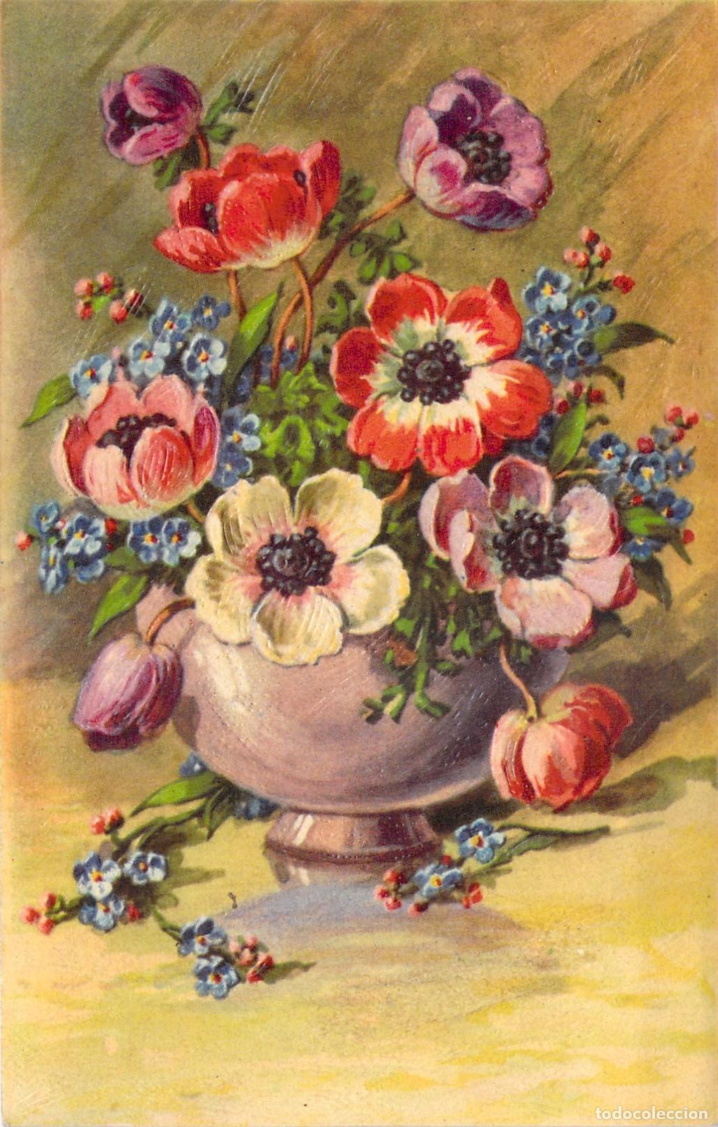 Cartes Postales: Postal Ilustrada de Flores An&eacute;monas y No Me Olvides en Jarr&oacute;n