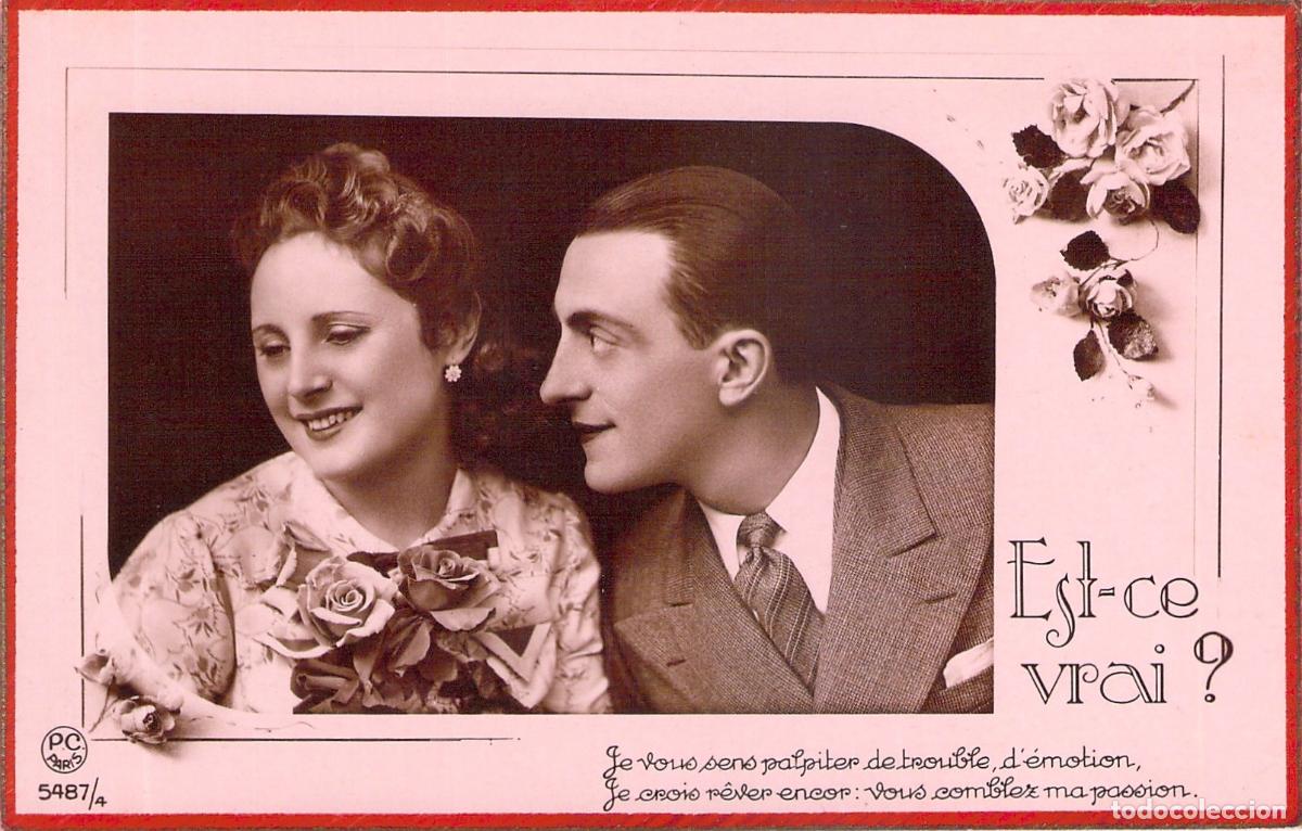 Postales: Postal rom&aacute;ntica francesa de pareja con poema de amor