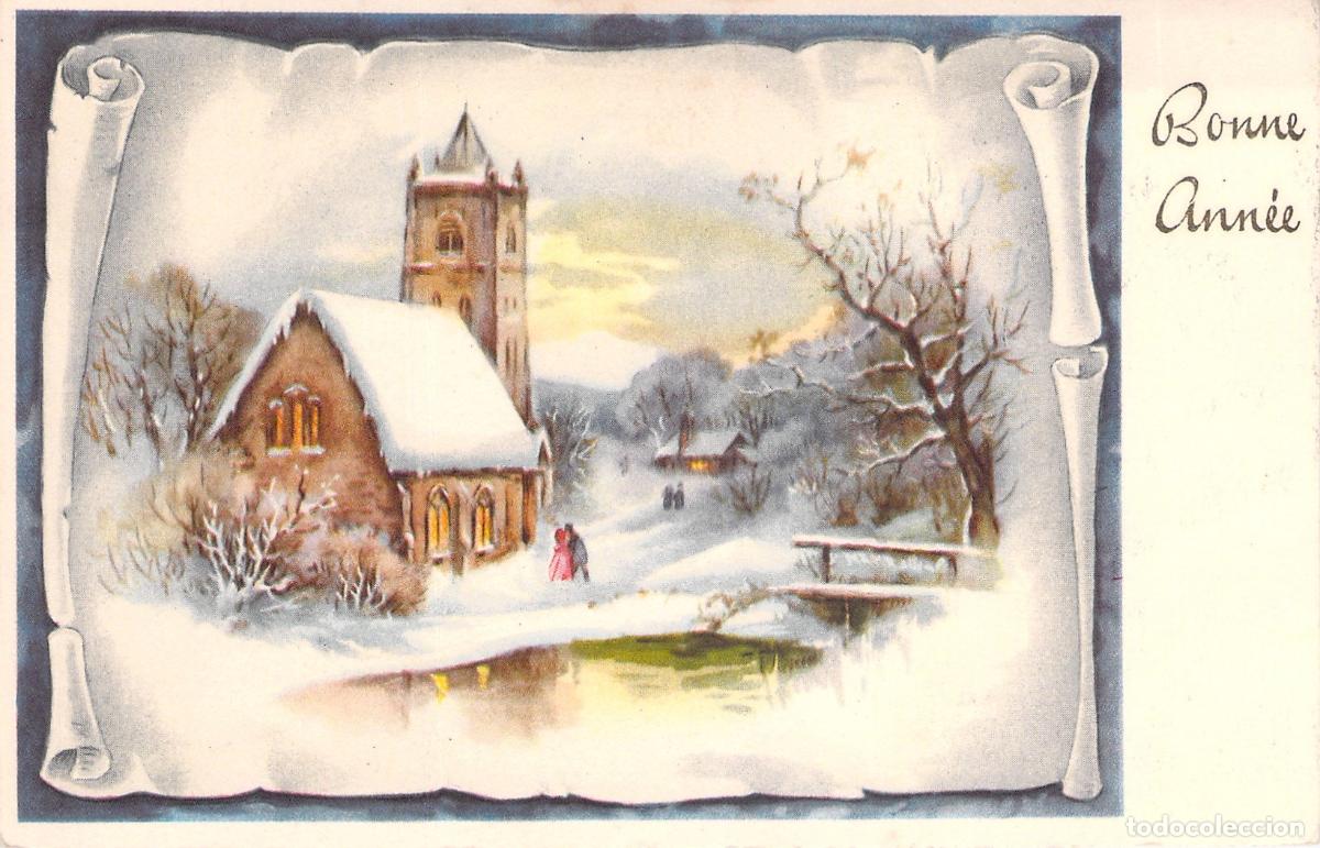 Postales: Postal de Felicitaci&oacute;n de A&ntilde;o Nuevo con Paisaje Invernal e Iglesia