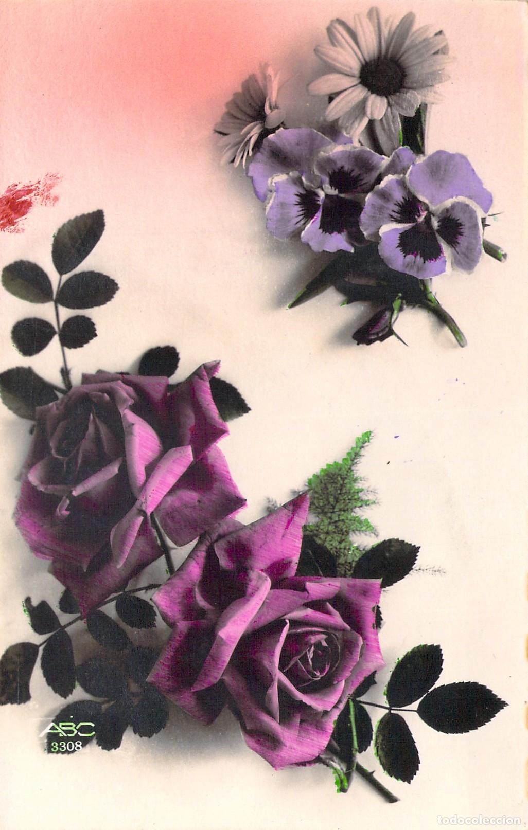 Postales: Postal Art&iacute;stica de Rosas y Pensamientos con Flores Coloreadas