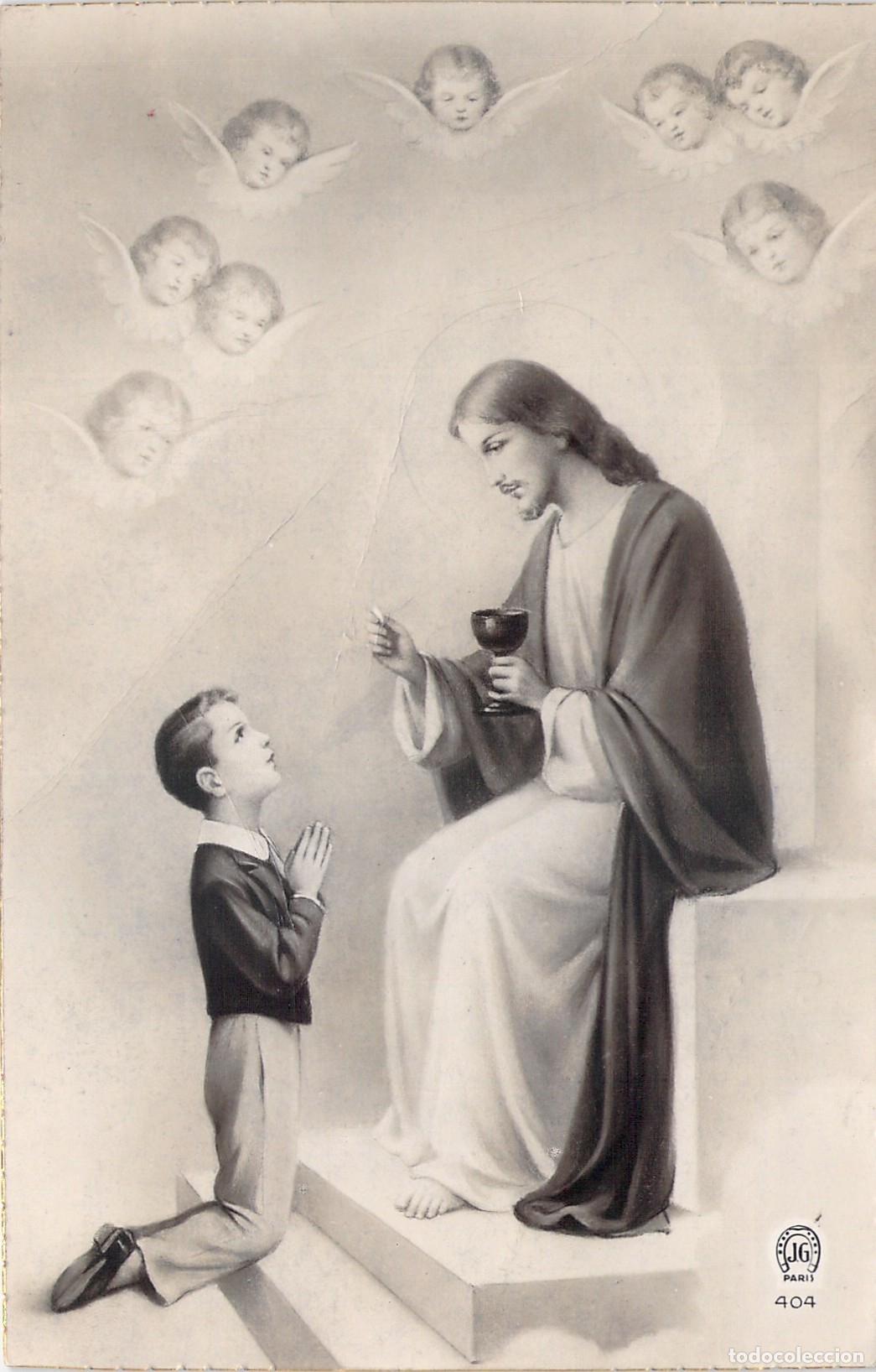 Postales: Postal de Primera Comuni&oacute;n con Jesucristo y &Aacute;ngeles, Impresa en Francia