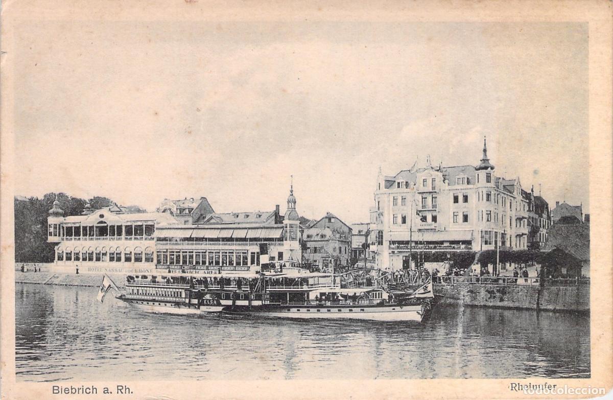 Postales: Postal de Biebrich am Rhein, Vista del Rin con Barco de Vapor
