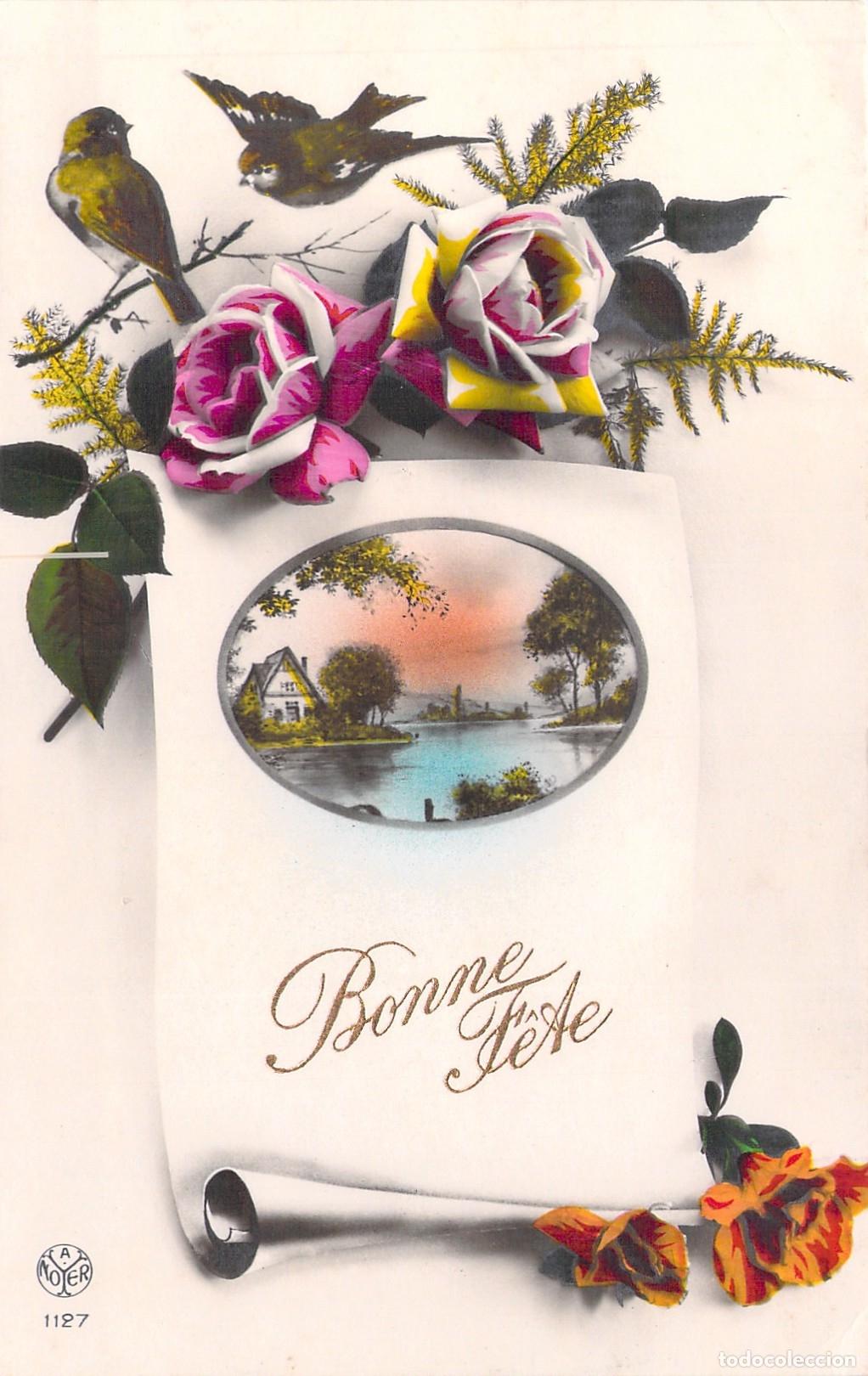 Cartes Postales: Postal Francesa de Felicitaci&oacute;n Bonne F&ecirc;te con Rosas y Aves