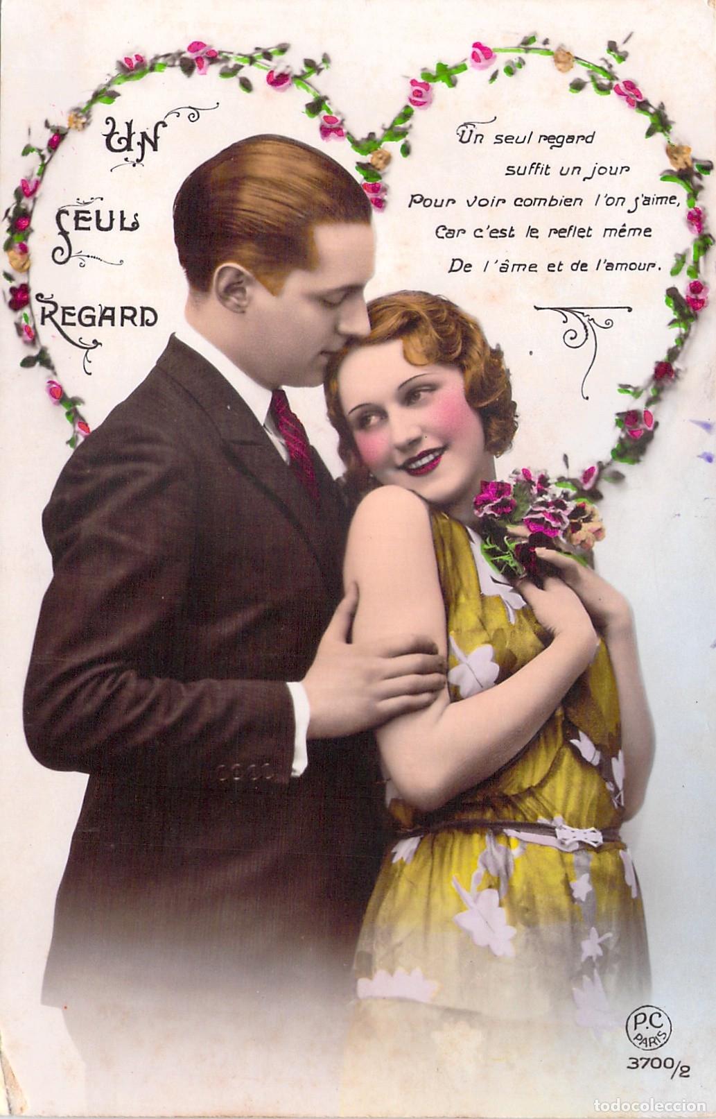 Cartes Postales: Postal Francesa de Pareja Rom&aacute;ntica con Poema de Amor