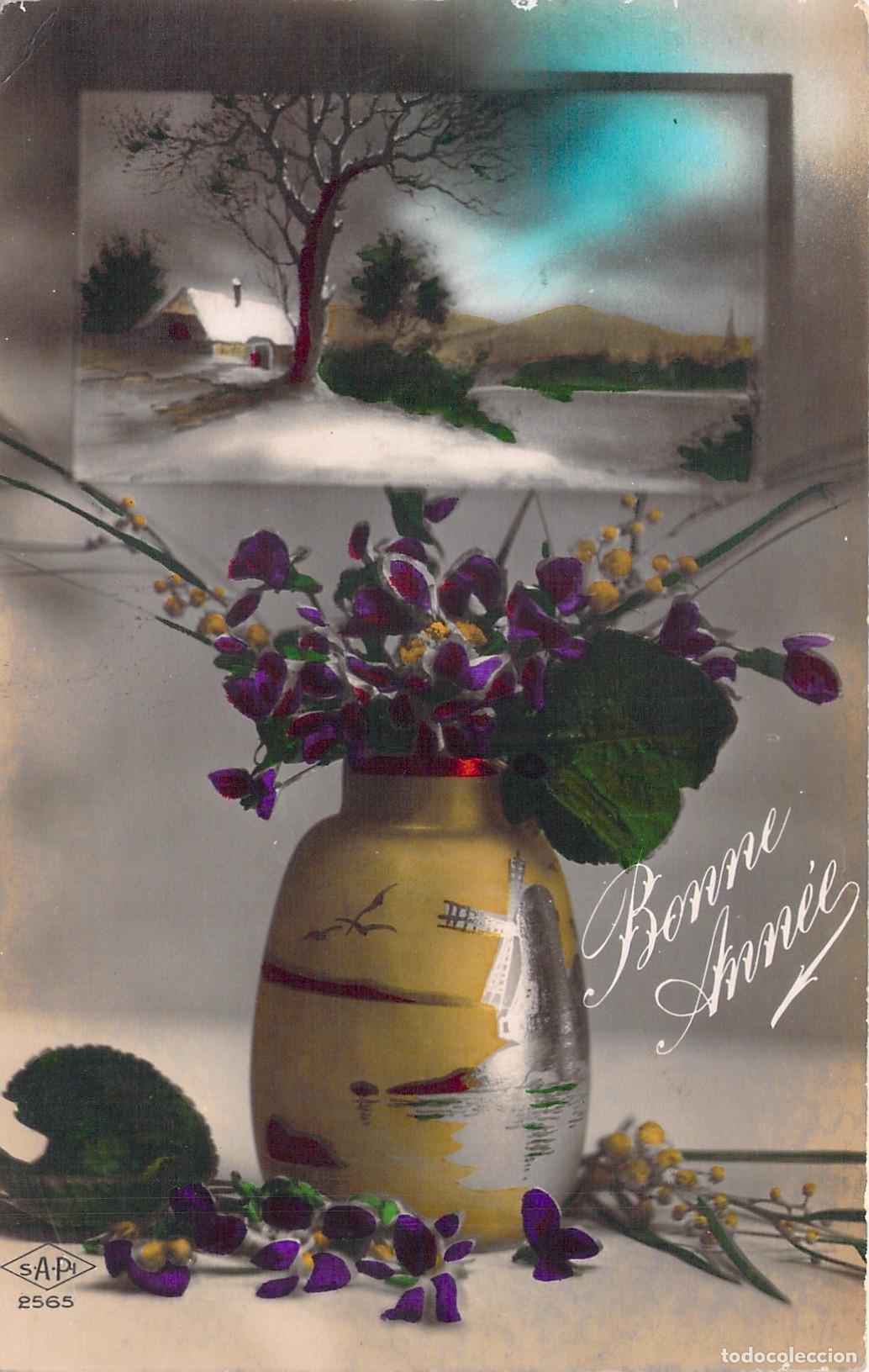 Cartes Postales: Postal de A&ntilde;o Nuevo Bonne Ann&eacute;e con Flores y Paisaje Invernal