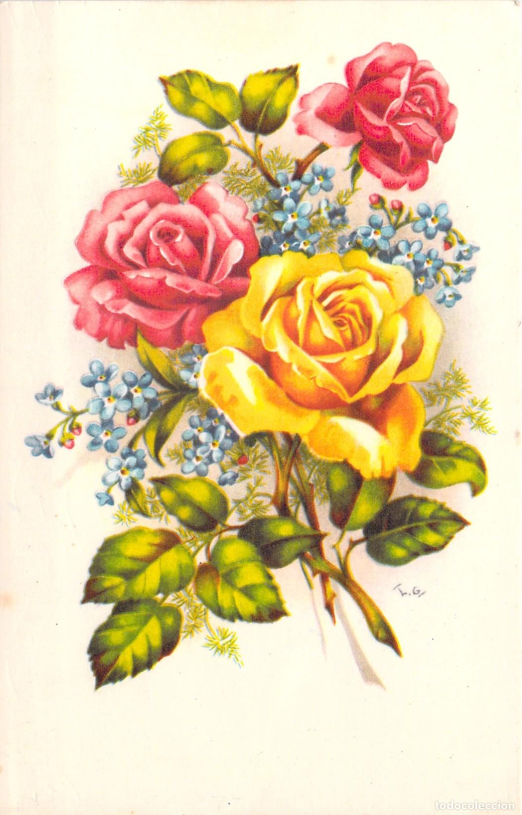 Cartes Postales: Postal Ilustrada de Ramillete de Rosas y Flores No Me Olvides